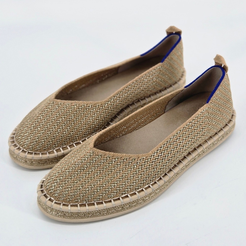 Rothy's The Espadrille Metallic Gold Stripe Knit Ballet Flat Slip On Shoes 8.5